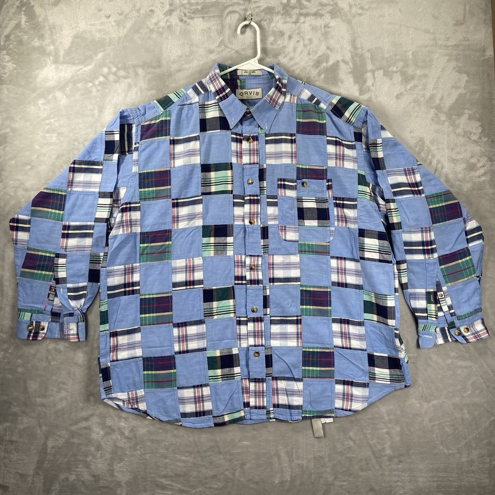 Orvis Shirt men's XXL Button Down Patchwork Blue Plaid Long Sleeve Cotton Pocket